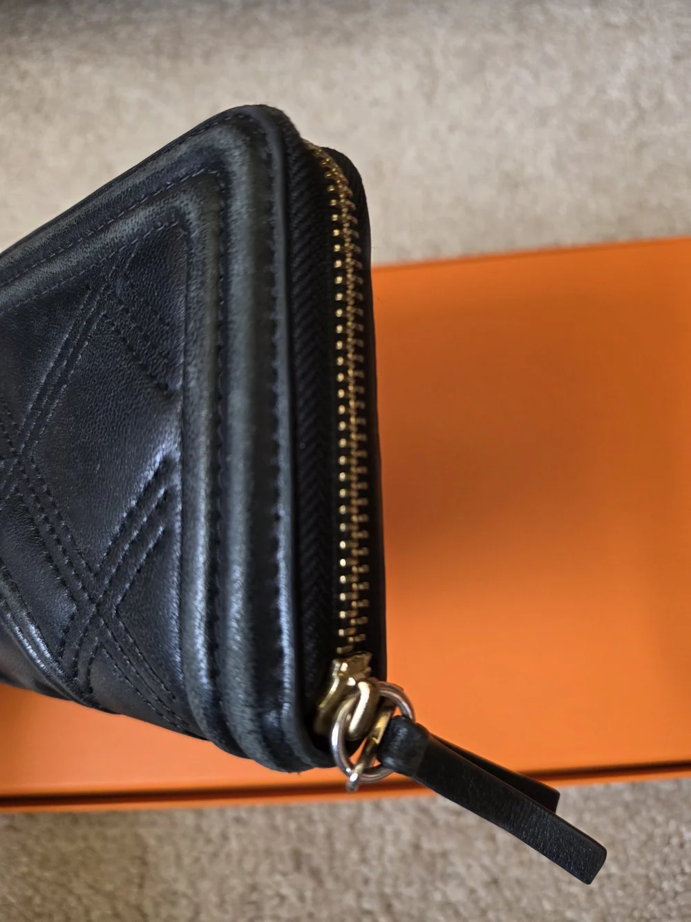 Tory Burch Black Quilted Leather Zip Wallet with Gold Logo Pull